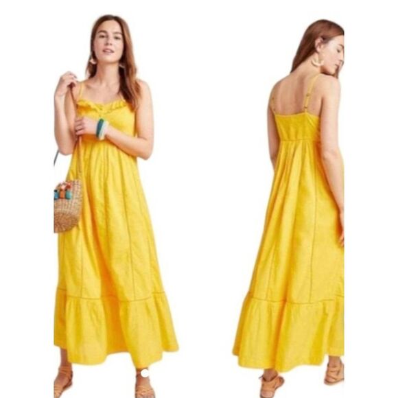 Anthropologie Maeve Yellow Pintuck Button Front Smocked Back Maxi Dress , EUC, S - Picture 2 of 16
